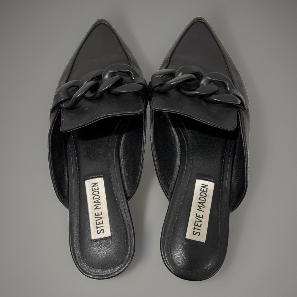 Steve Madden Fleur Pointed Toe Mules Black Suede Chain Slip-On Shoes 7M